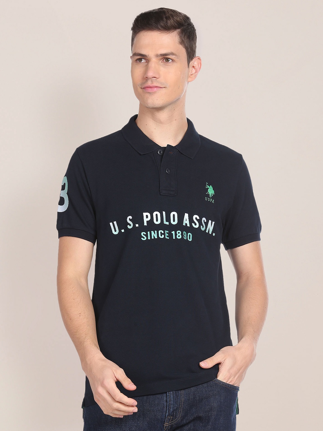 

U.S. Polo Assn. Typography Printed Polo Collar Slim Fit Pure Cotton T-shirt, Navy blue