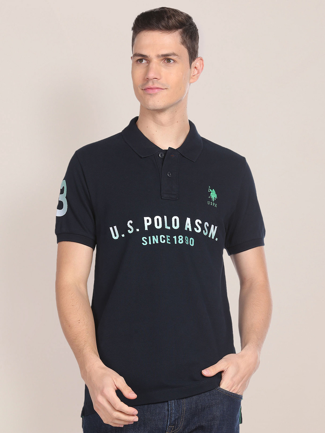 

U.S. Polo Assn. Typography Printed Polo Collar Slim Fit Pure Cotton T-shirt, Navy blue