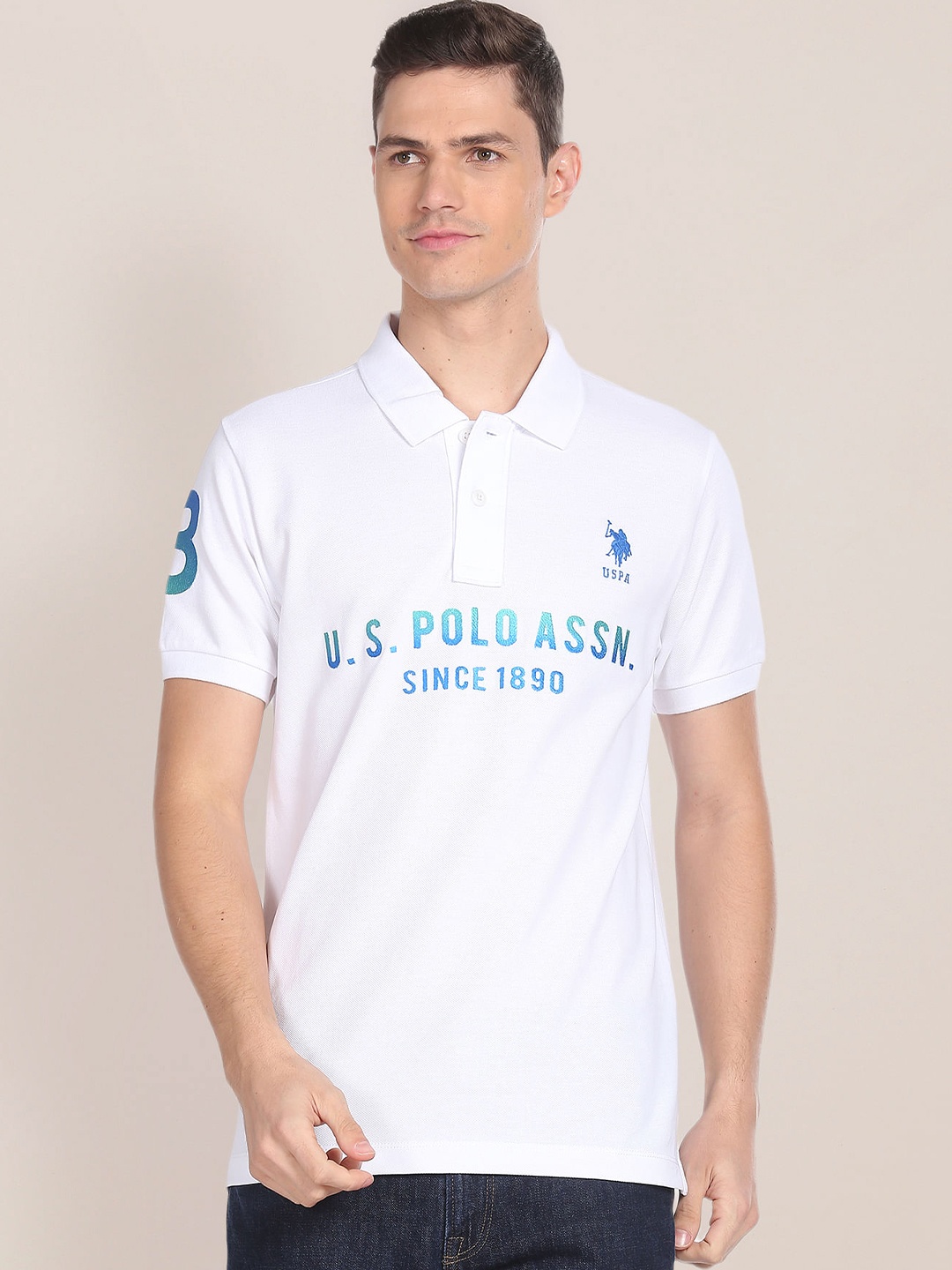 

U.S. Polo Assn. Typography Printed Polo Collar Slim Fit Pure Cotton T-shirt, White