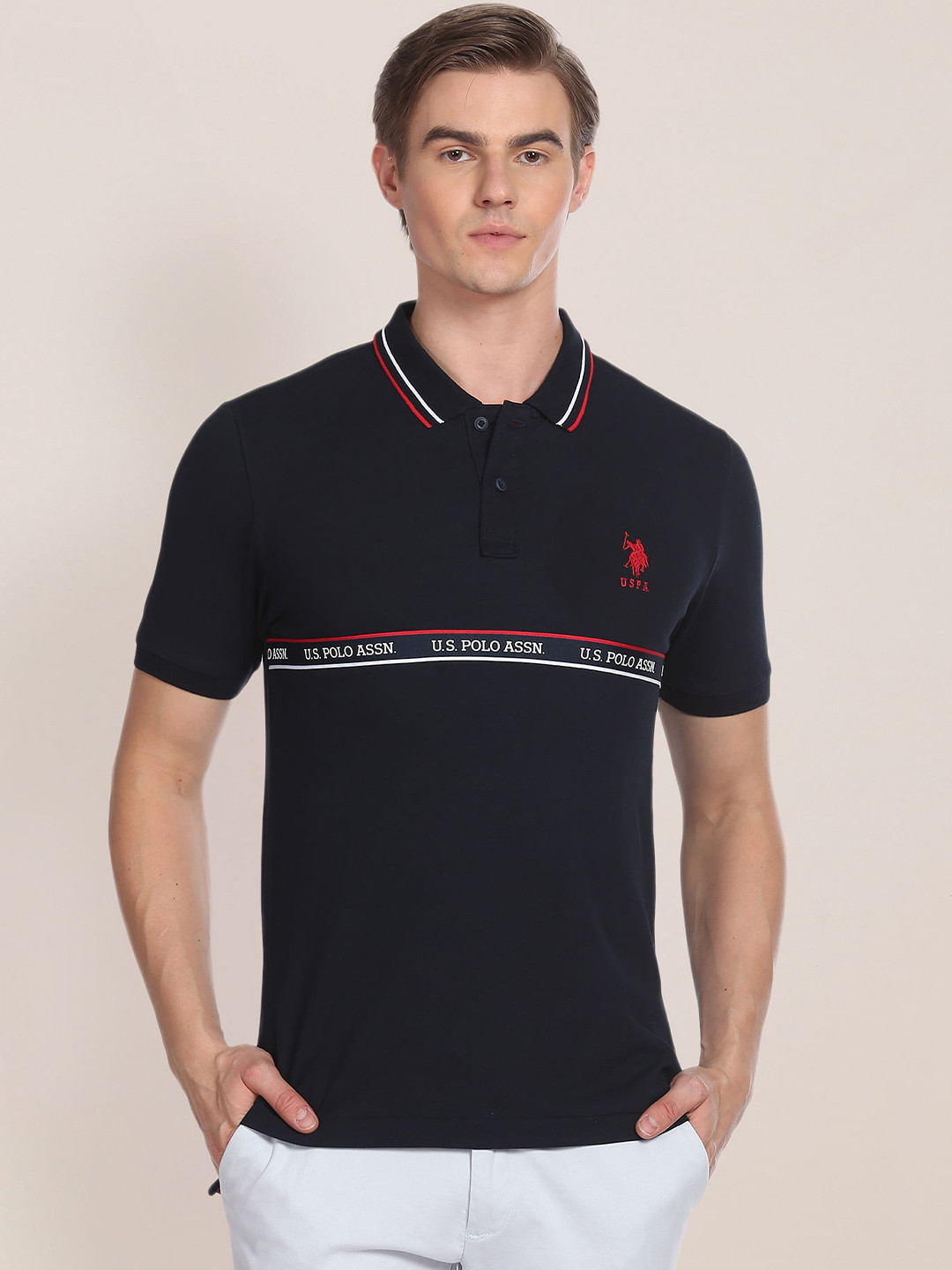

U.S. Polo Assn. Typography Printed Polo Collar Slim Fit T-shirt, Navy blue