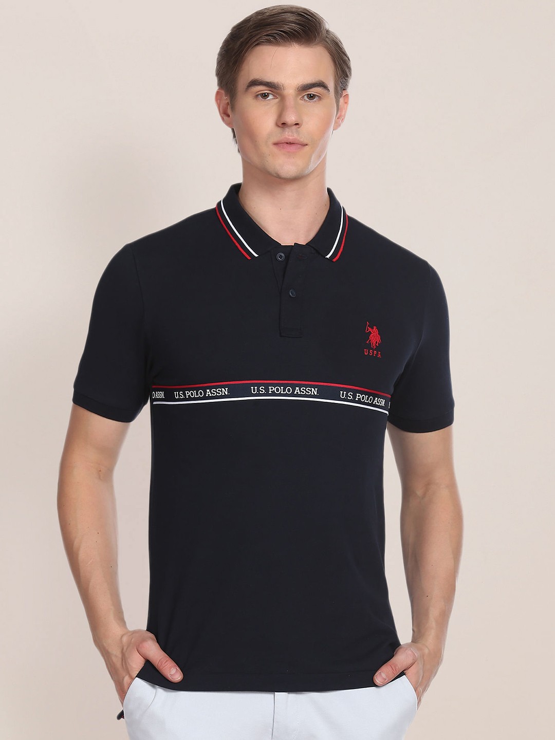 

U.S. Polo Assn. Typography Printed Polo Collar Slim Fit T-shirt, Navy blue
