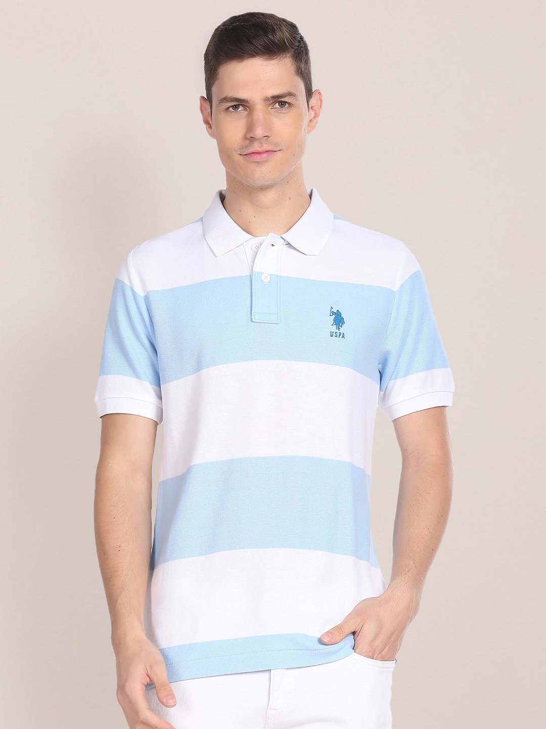 

U.S. Polo Assn. Striped Polo Collar Polo Collar Pure Cotton Slim Fit T-shirt, White