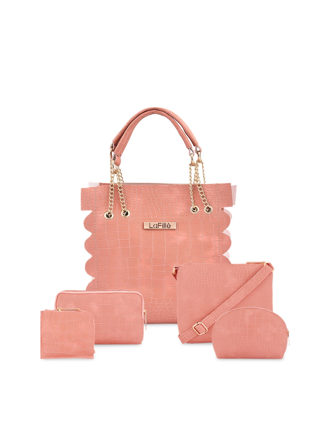 

LaFille Peach-Coloured PU Structured Handheld Bag