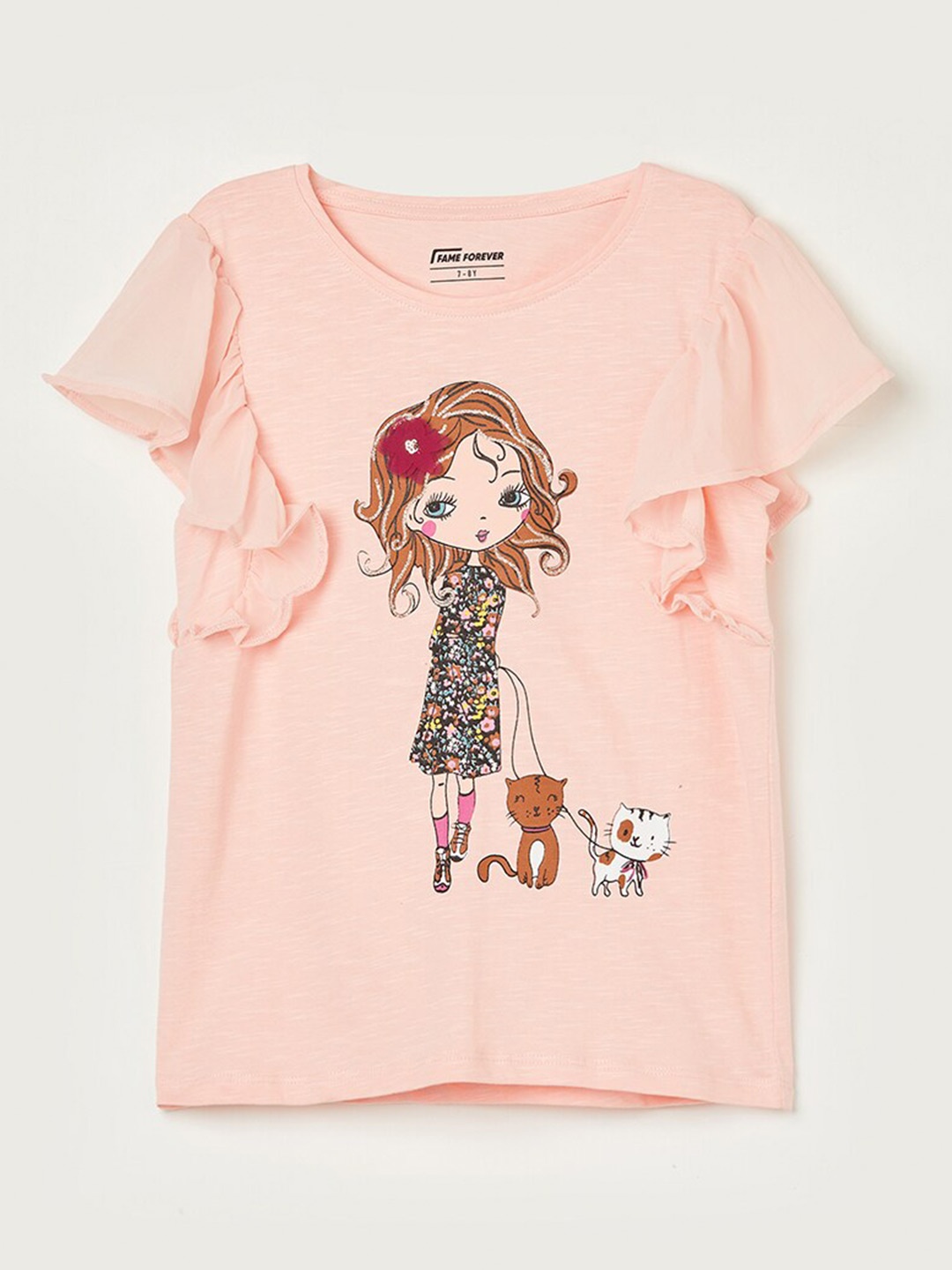 

Fame Forever by Lifestyle Girls Graphic Printed Flutter Sleeves Pure Cotton Top, Peach