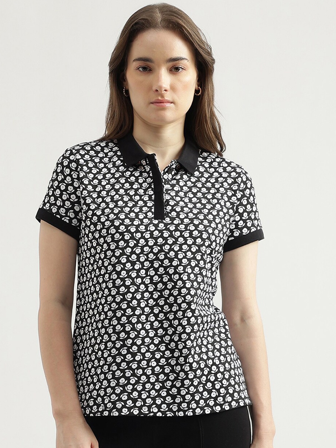 

United Colors of Benetton Polka Dots Printed Polo Collar T-shirt, Black
