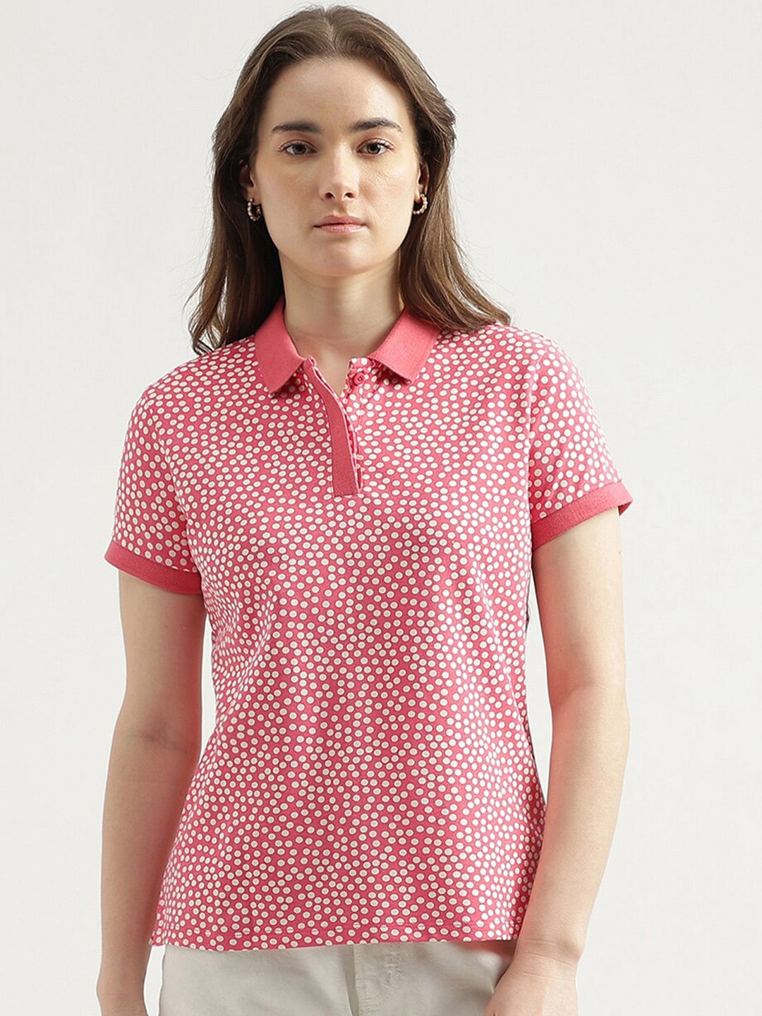 United Colors of Benetton Polka Dots Printed Regular Fit Polo Collar T-shirt, Pink