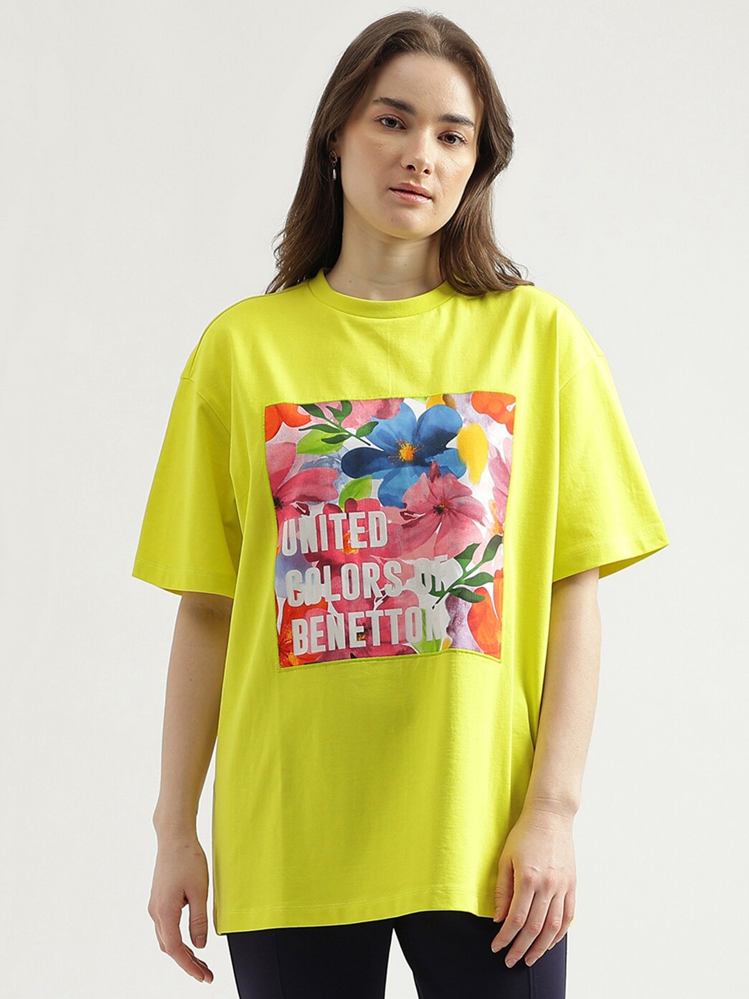 

United Colors of Benetton Floral Printed Round Neck Cotton T-shirt, Yellow