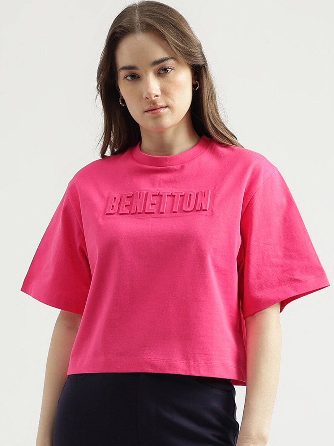 

United Colors of Benetton Typography Embossed Round Neck Cotton T-shirt, Fuchsia