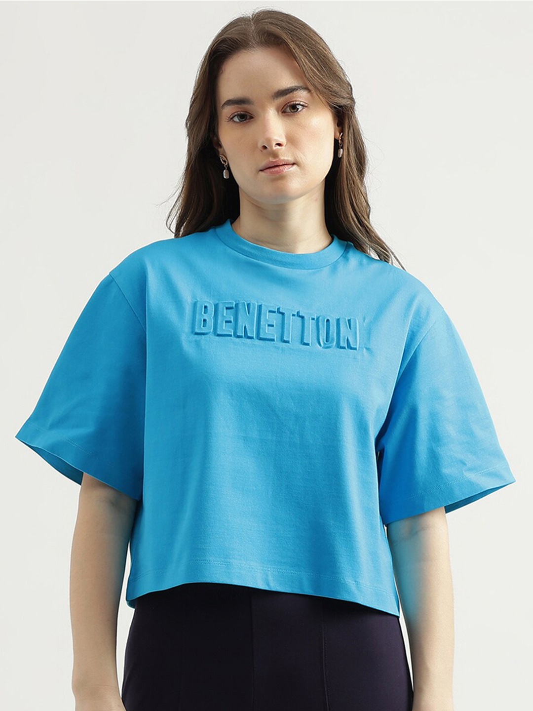 

United Colors of Benetton Typography Embossed Round Neck Cotton T-shirt, Blue