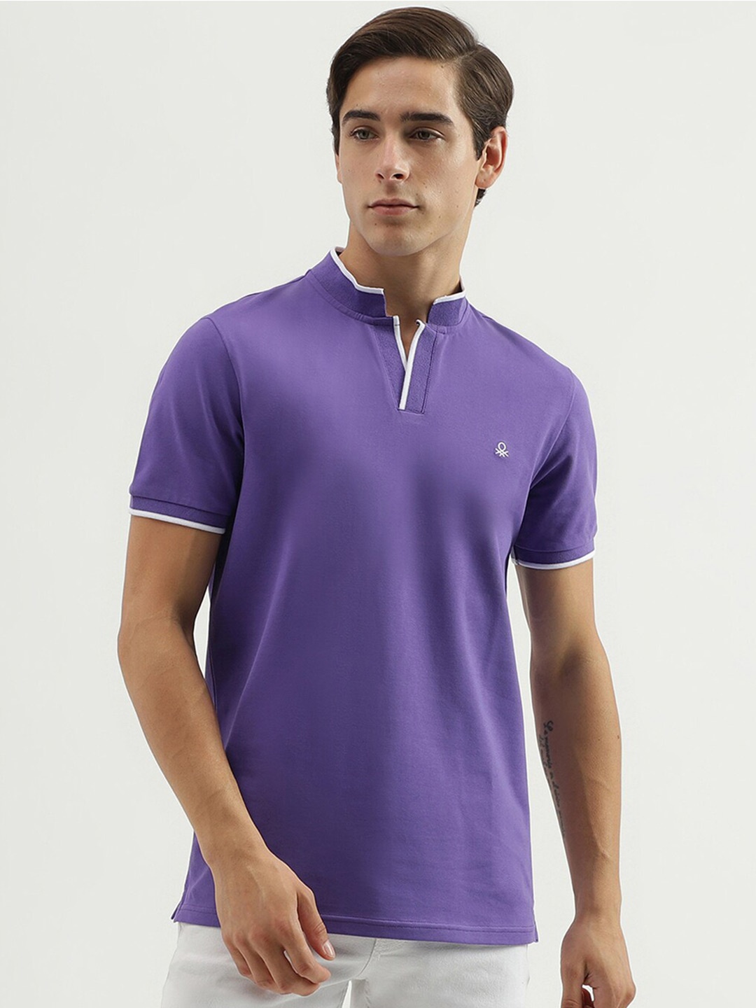 United Colors of Benetton Mandarin Collar Regular Fit T-shirt, Purple