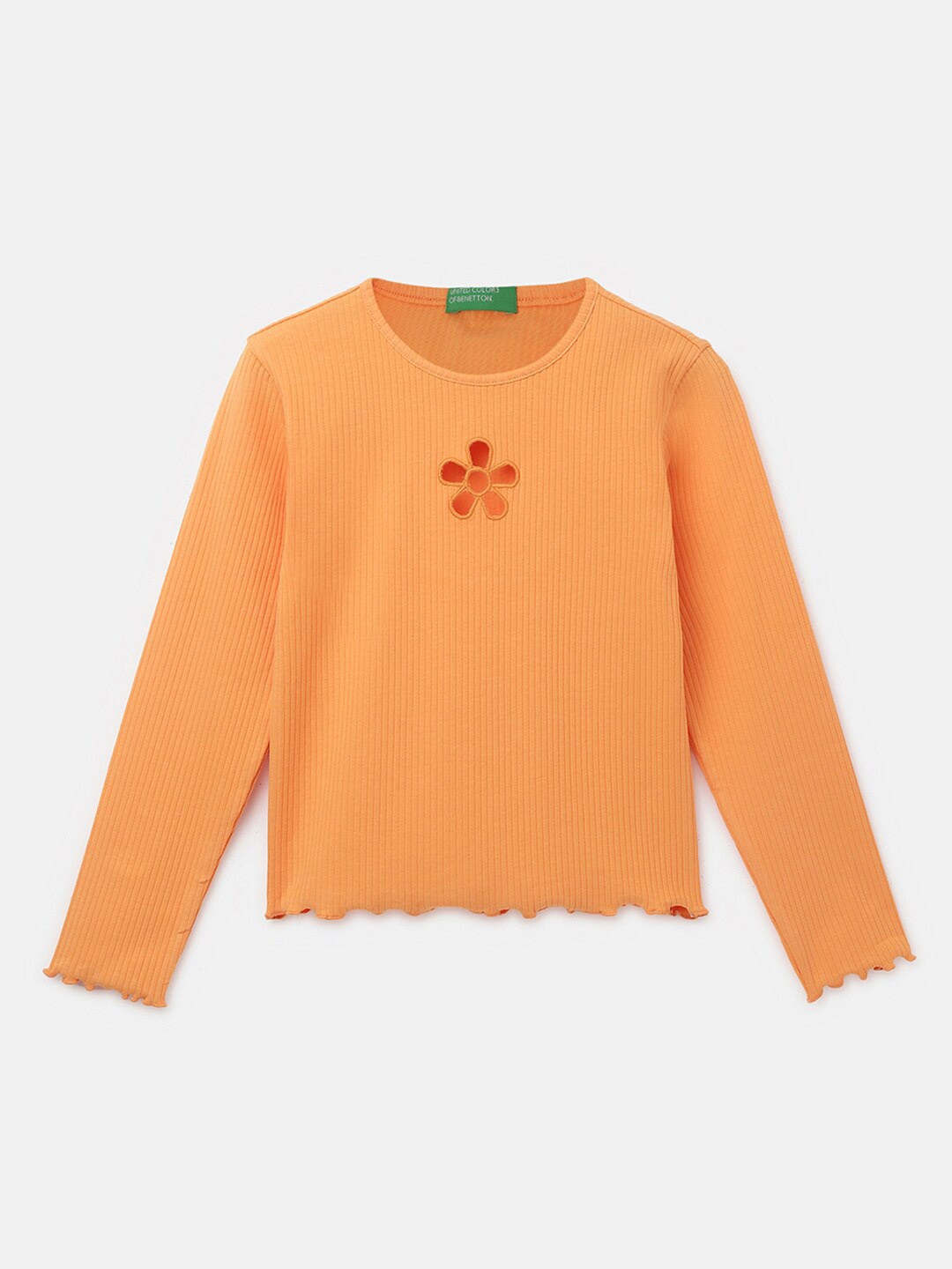 

United Colors of Benetton Girls Ribbed Round Neck Cut-Outs Cotton Regular T-shirt, Orange