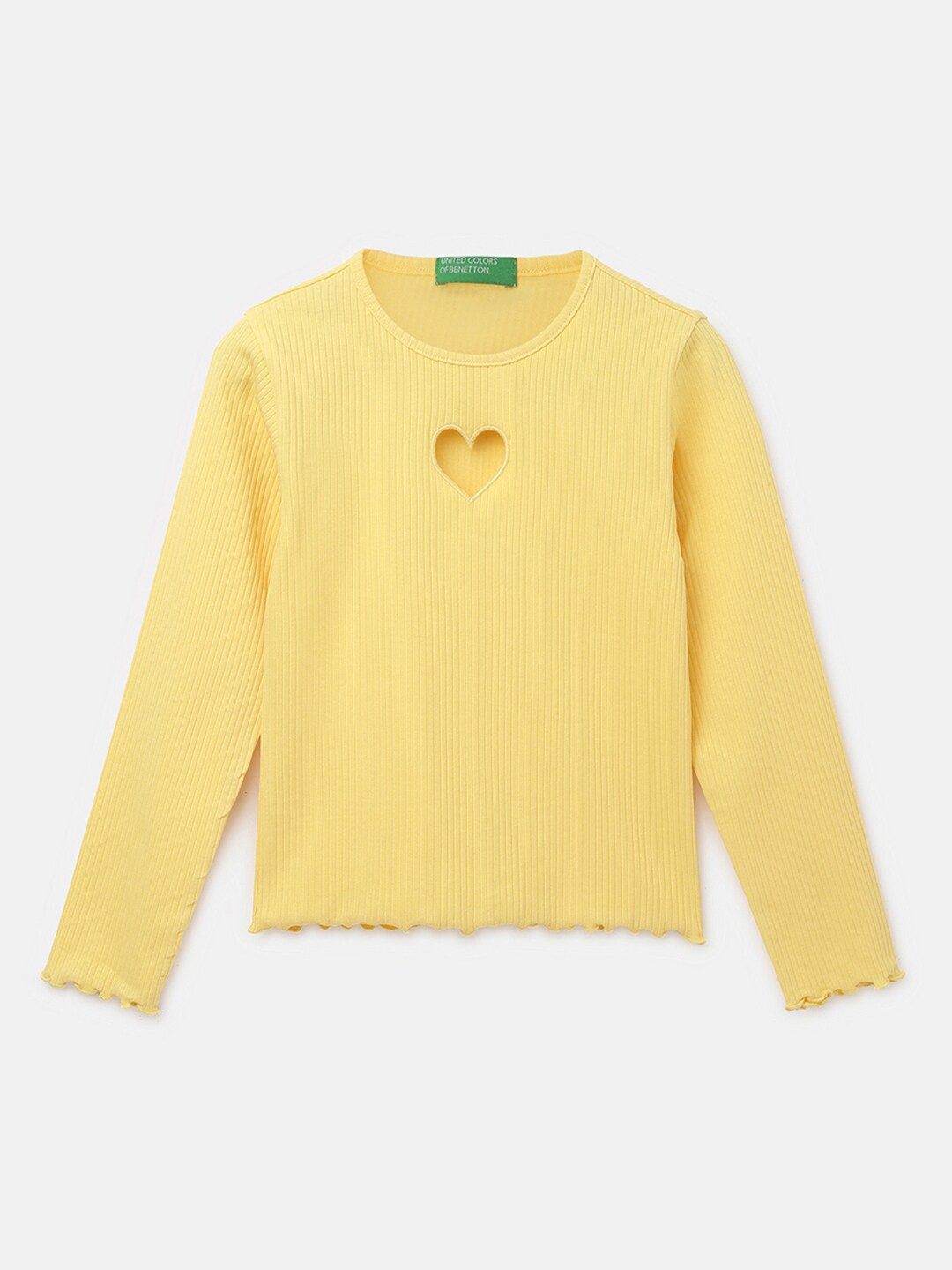 

United Colors of Benetton Girls Ribbed Round Neck Cut-Outs Cotton Regular T-shirt, Yellow