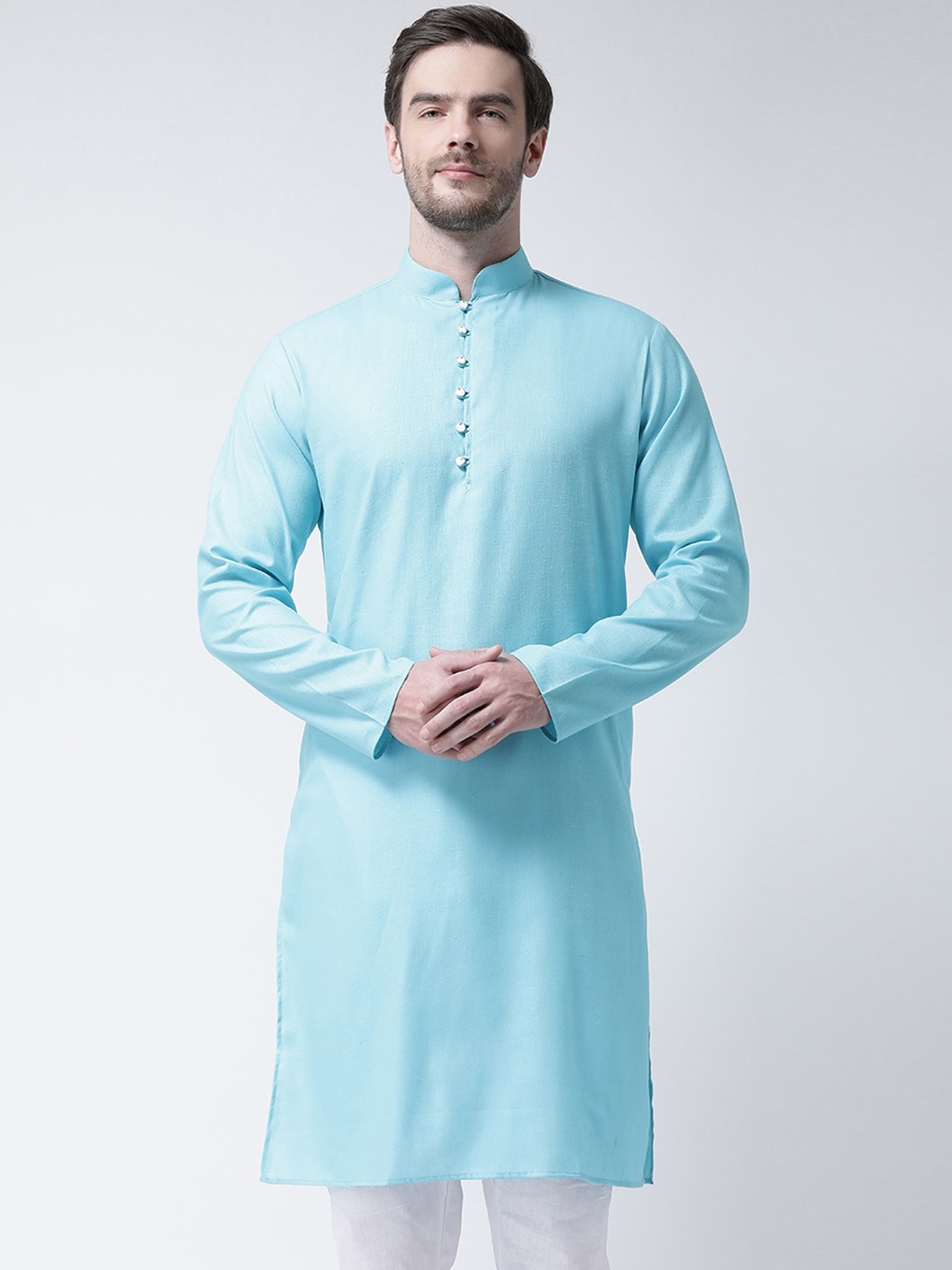 

SG LEMAN Mandarin Collar Cotton Straight Kurta, Turquoise blue