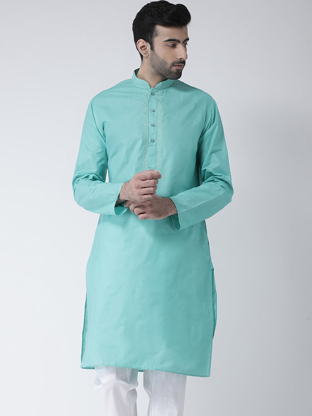 

SG LEMANMandarin Collar Cotton Straight Kurta, Green