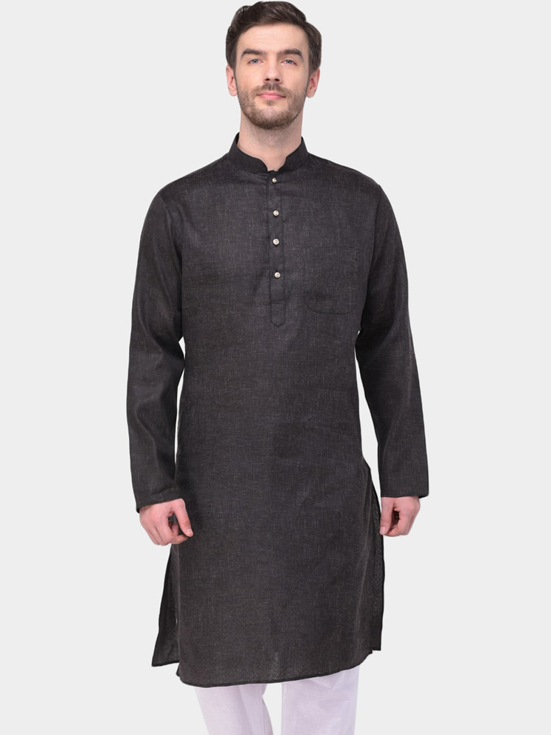 

SG LEMAN Mandarin Collar Cotton Straight Kurta, Black