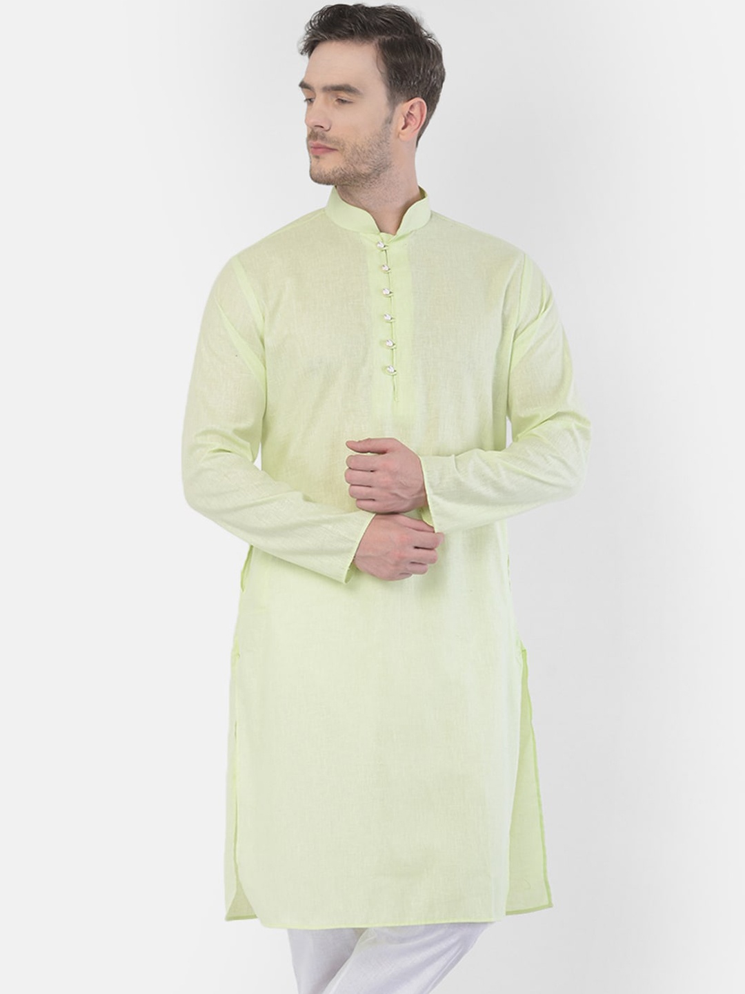 

SG LEMAN Mandarin Collar Cotton Straight Kurta, Green