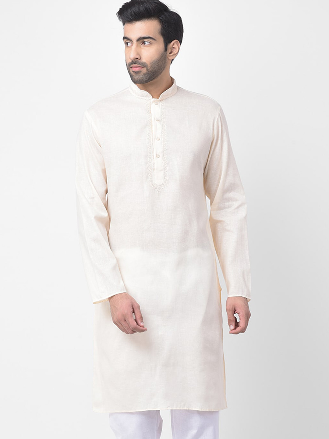 

SG LEMAN Mandarin Collar Cotton Straight Kurta, Cream