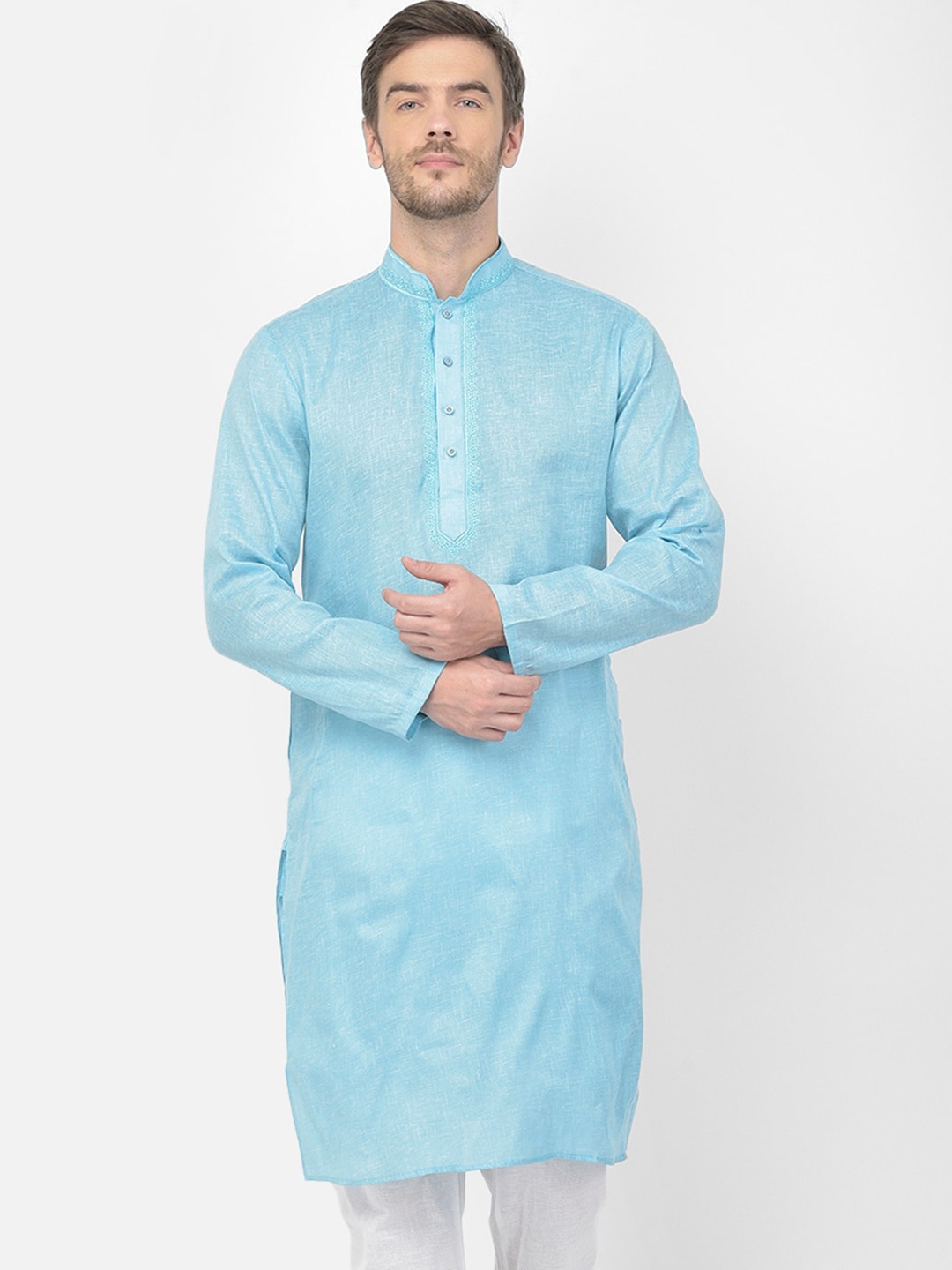 

SG LEMAN Mandarin Collar Thread Work Detail Cotton Straight Kurta, Turquoise blue