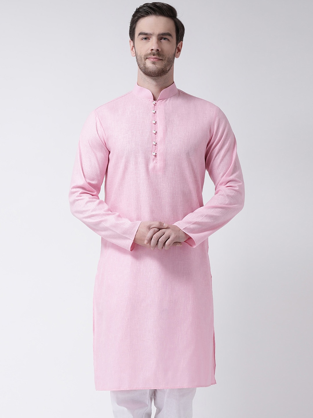 

SG LEMAN Mandarin Collar Cotton Straight Kurta, Pink