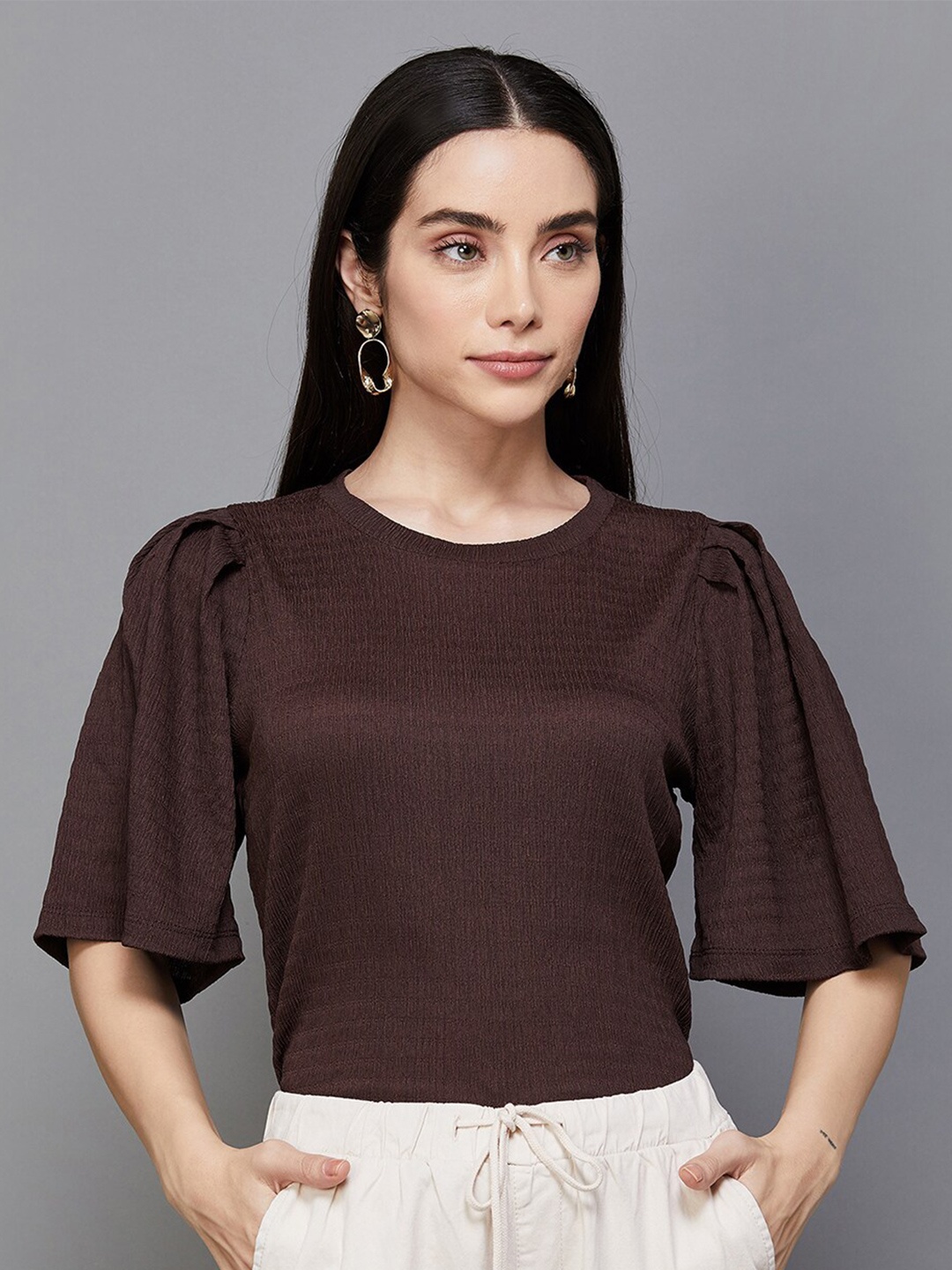 

CODE by Lifestyle Self Design Puff Sleeves Top, Brown