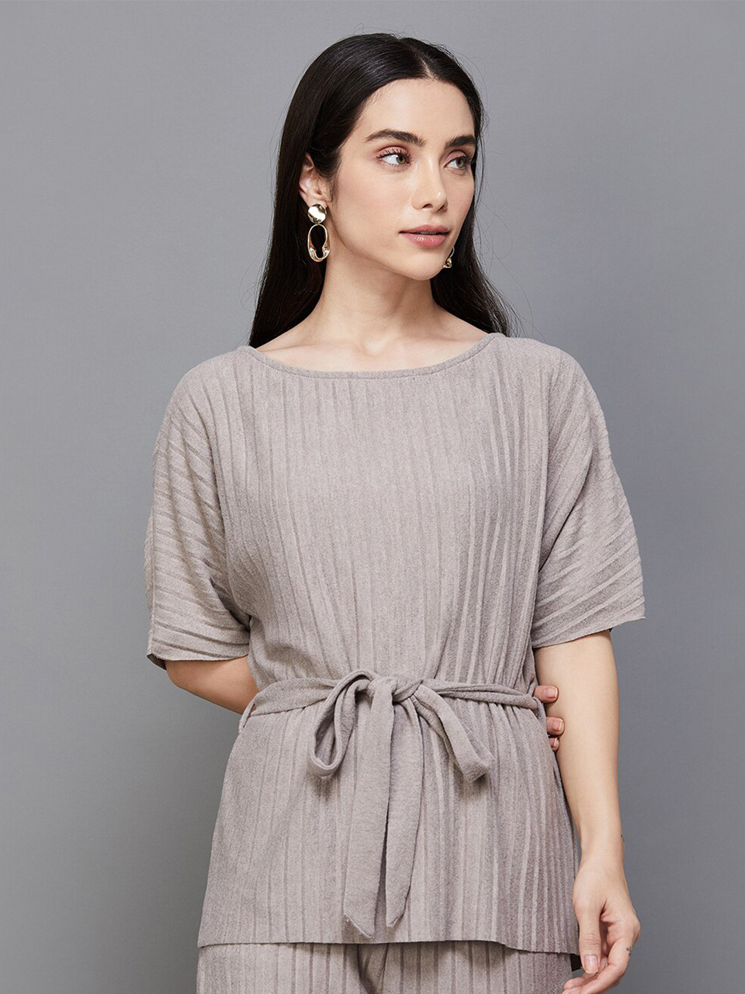 

CODE by Lifestyle Self Design Extended Sleeves Tie Ups Detail Longline Top, Brown