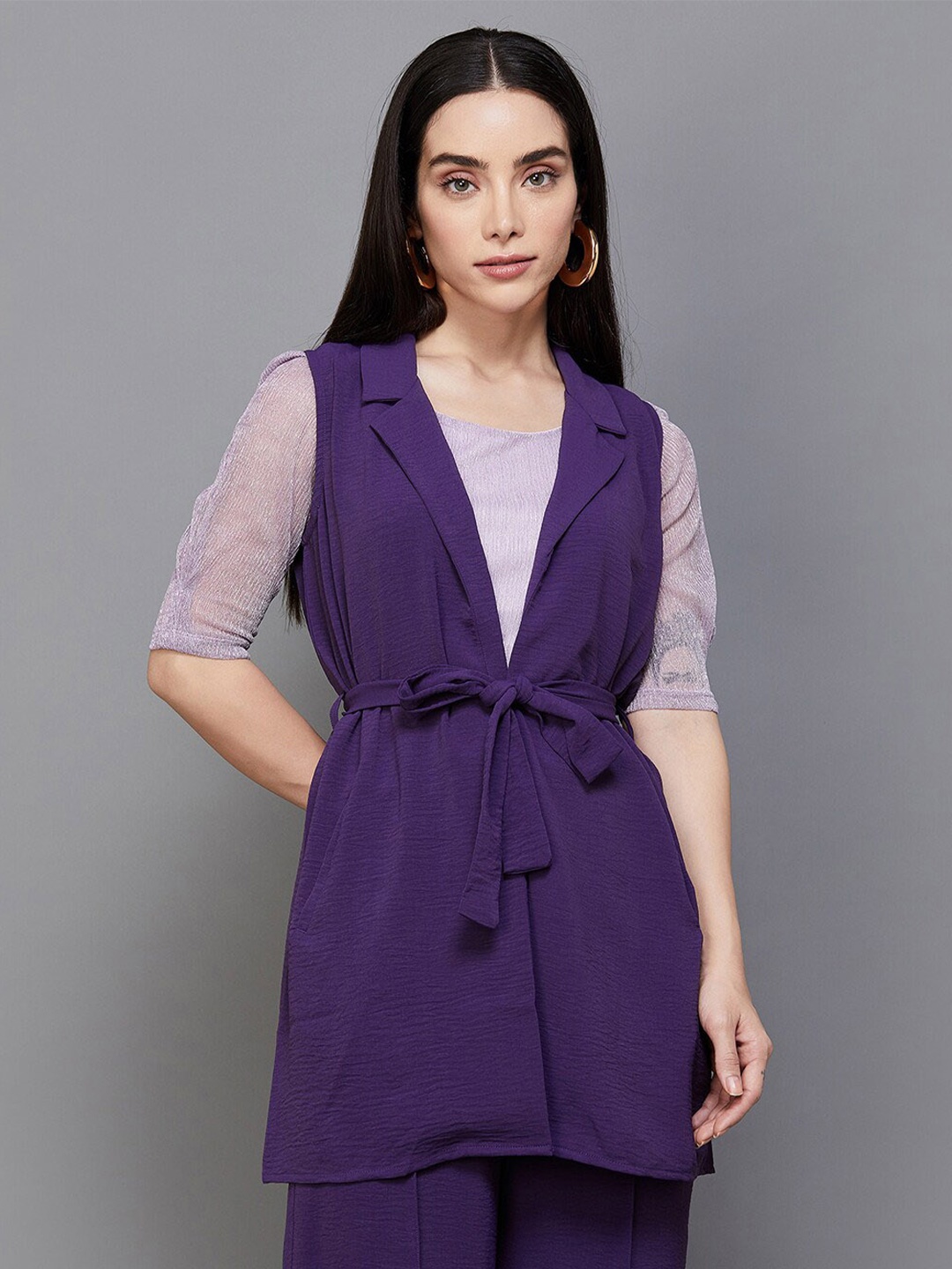 

CODE by Lifestyle Shirt Collar Sleeveless Tie-Up Shrug, Purple