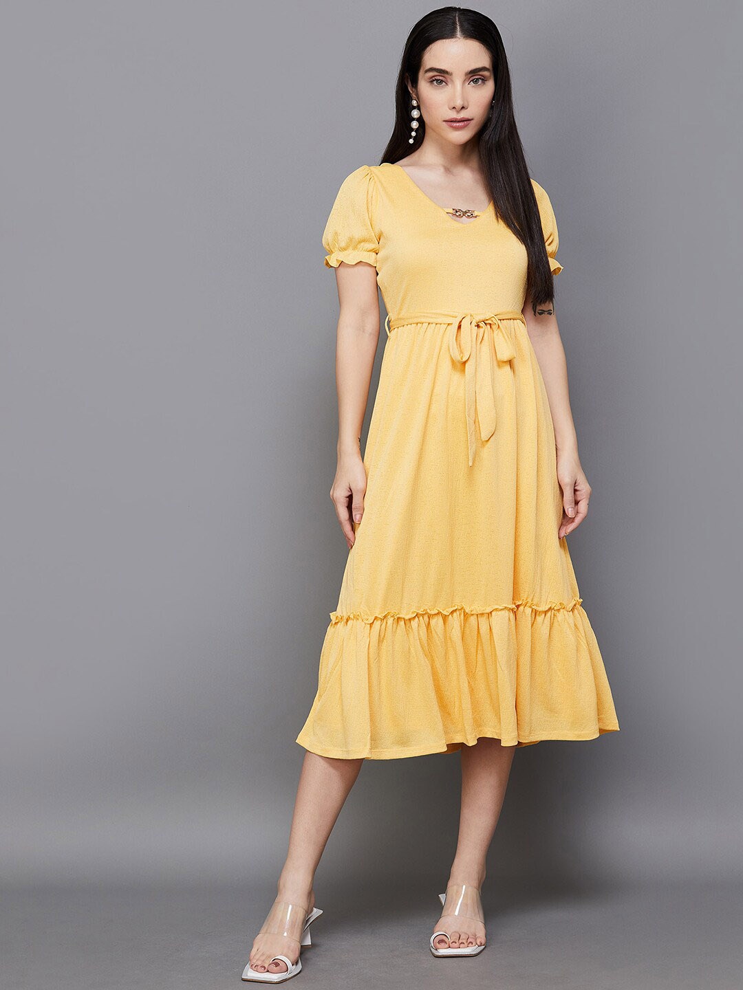 

CODE by Lifestyle V-Neck Puff Sleeves Fit & Flare Midi Dress, Orange