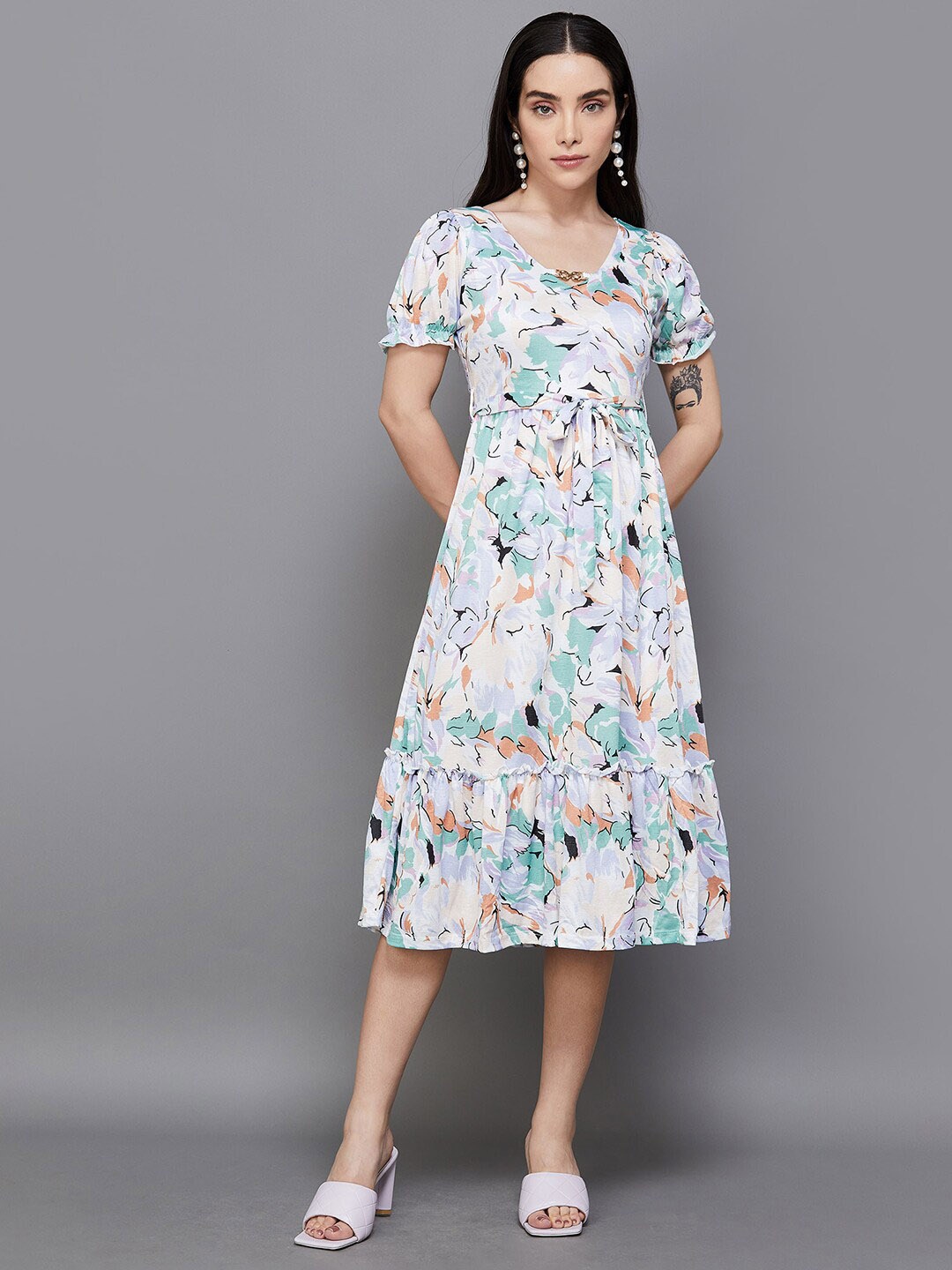 

CODE by Lifestyle Floral Printed V-Neck Puff Sleeves Fit & Flare Midi Dress, Off white