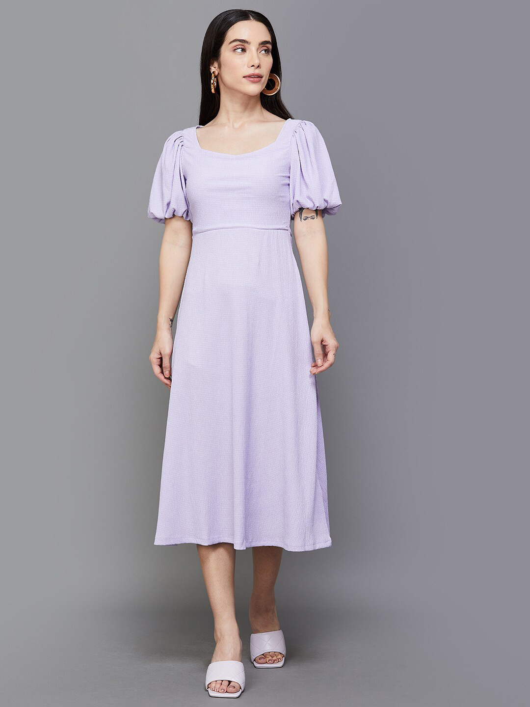 

CODE by Lifestyle Self Design Square Neck Puff Sleeves Fit & Flare Mini Dress, Purple