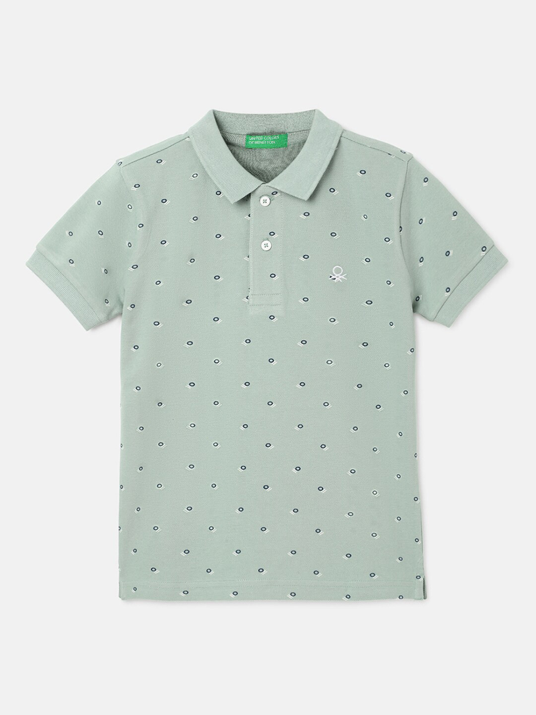 

United Colors of Benetton Boys Polka Dot Printed Polo Collar Cotton T-Shirt, Green