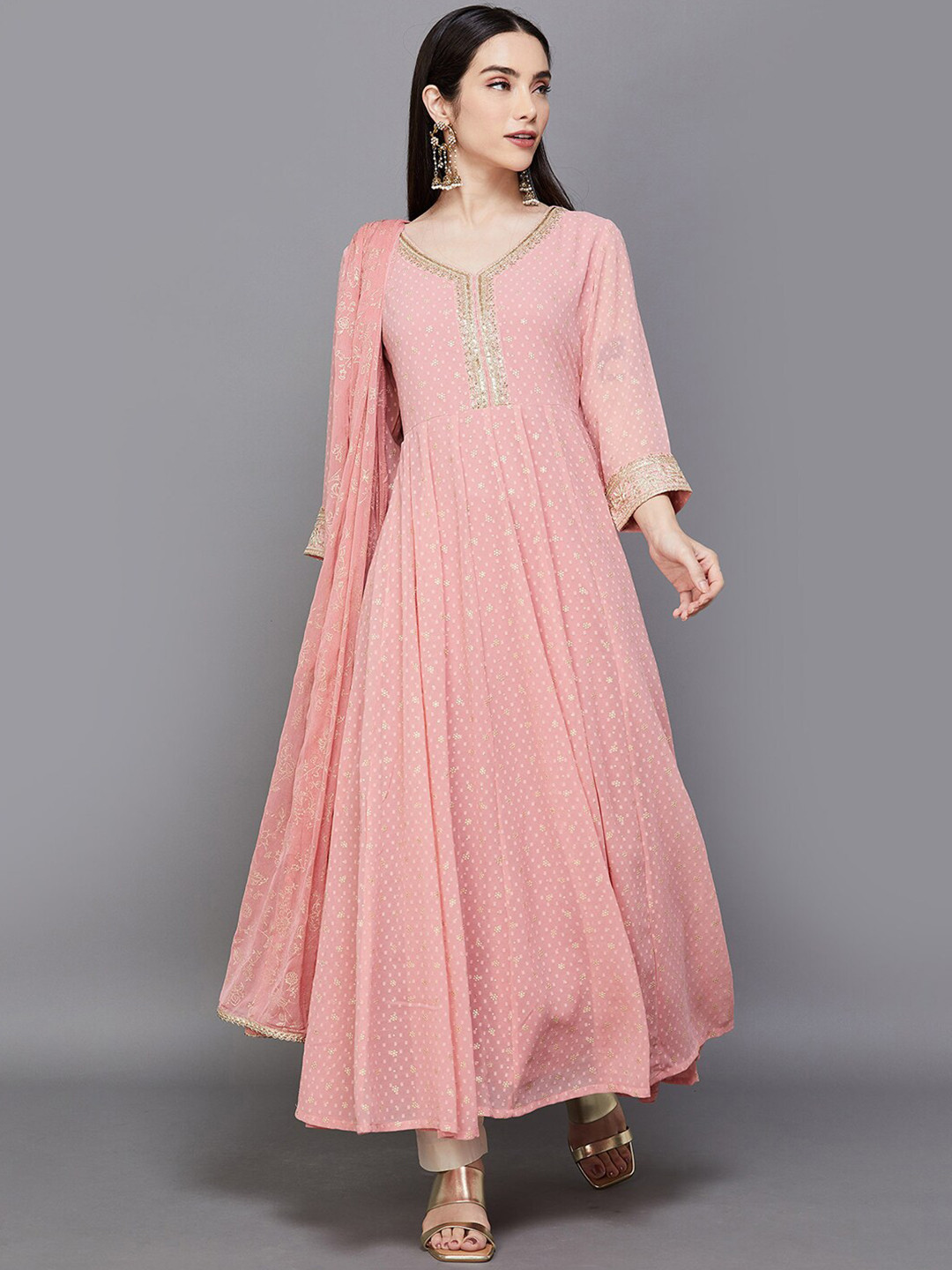 

Melange by Lifestyle Ethnic Motifs Printed Pure Cotton Anarkali Kurta With Trousers, Peach