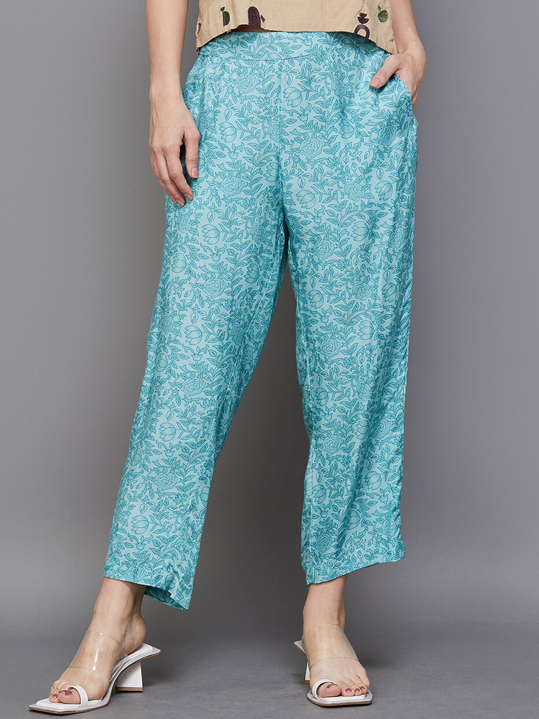 

Melange by Lifestyle Women Mid-Rise Floral Printed Pleated Trousers, Blue