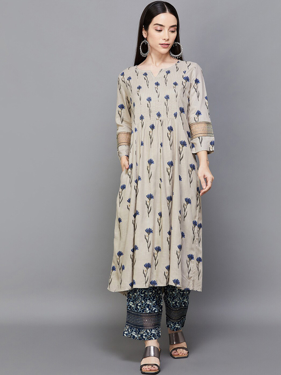 

Melange by Lifestyle Floral Printed Regular A-Line Kurta With Trousers, Beige