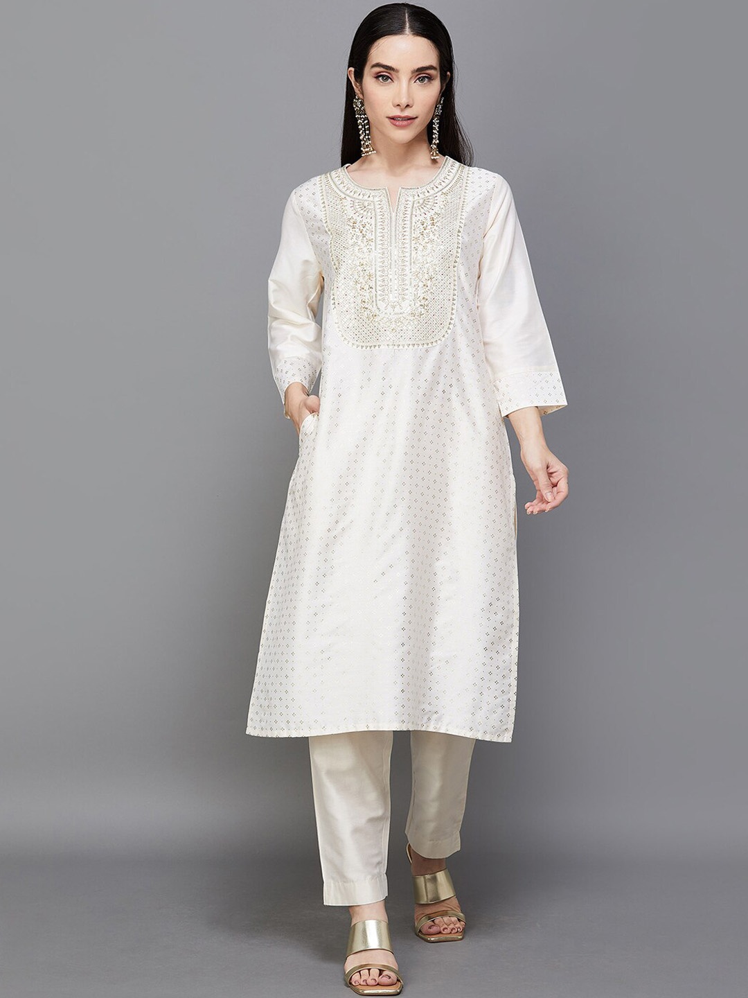 

Melange by Lifestyle Floral Woven Design Round Neck Kurta, Off white