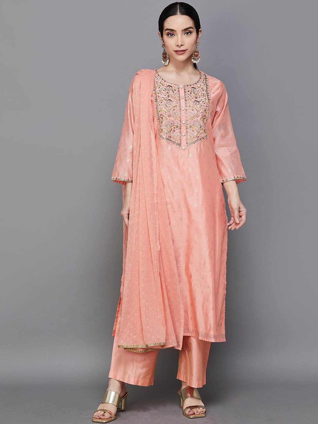 

Melange by Lifestyle Ethnic Motifs Printed Thread Work Kurta With Trousers & With Dupatta, Peach