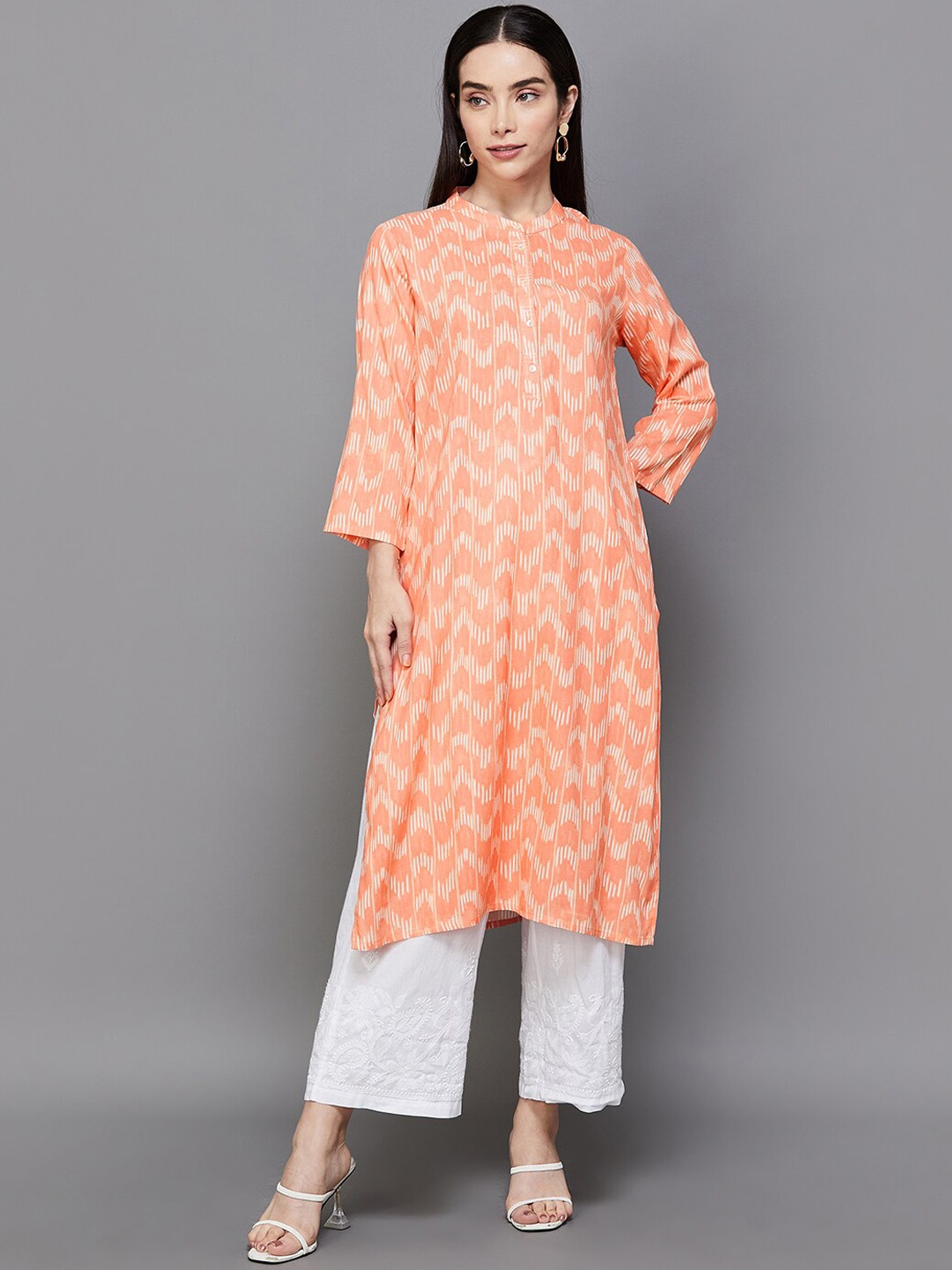 

Melange by Lifestyle Chevron Printed Mandarin Collar Regular Kurta, Peach