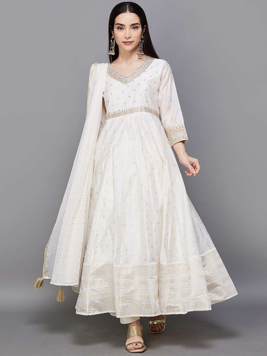 

Melange by Lifestyle Ethnic Motifs Printed Anarkali Kurta With Trousers & With Dupatta, Off white