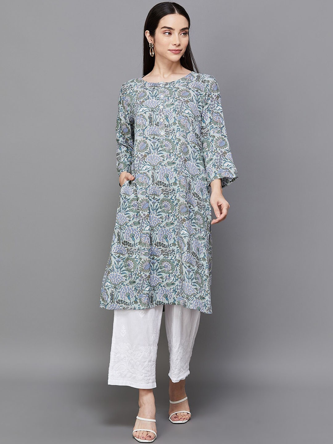 

Melange by Lifestyle Paisley Ethnic Motifs Printed Round Neck Gathered Regular Kurta, Grey