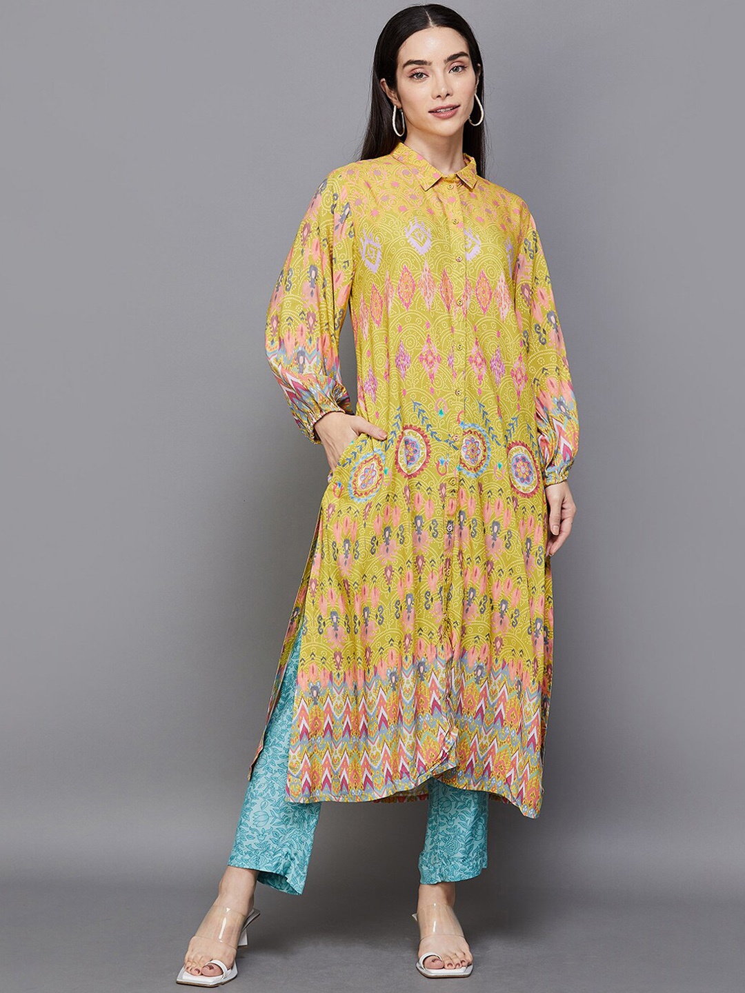 

Melange by Lifestyle Ethnic Motifs Printed Shirt Collar Cuffed Sleeves Pathani Kurta, Yellow