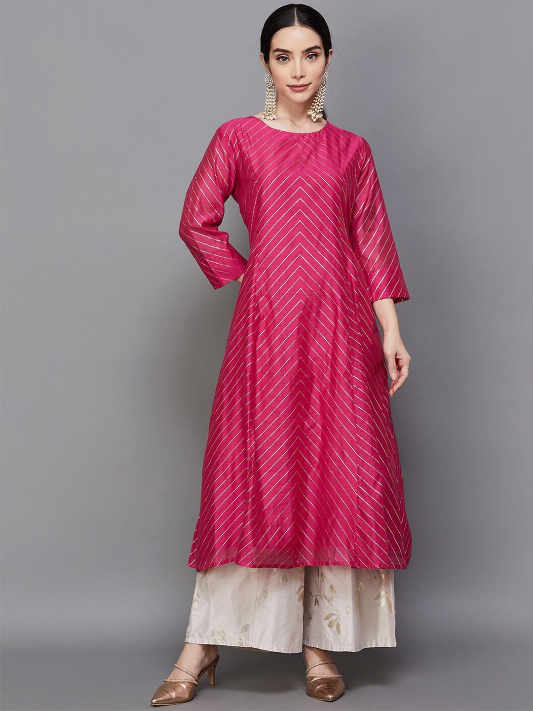 

Melange by Lifestyle Striped Printed Panelled A-Line Kurta, Pink