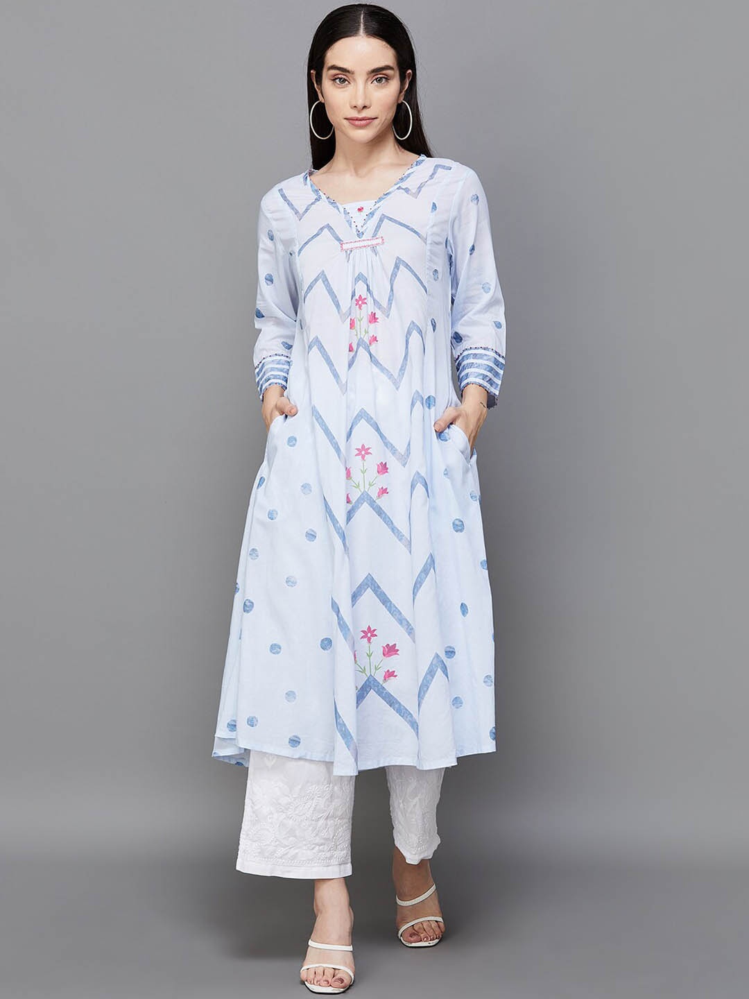 

Melange by Lifestyle Floral Printed Panelled Pure Cotton A-Line Kurta, Blue