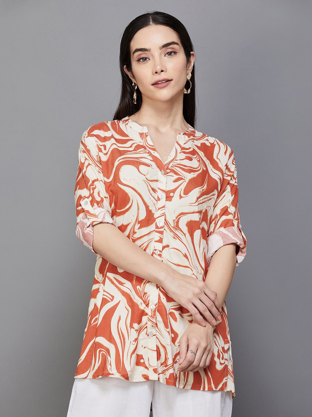 

Melange by Lifestyle Printed Mandarin Collar A-Line Kurti, Rust