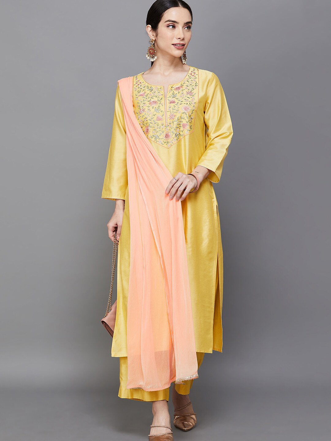 

Melange by Lifestyle Floral Embroidered Thread Work Kurta With Trousers & With Dupatta, Yellow