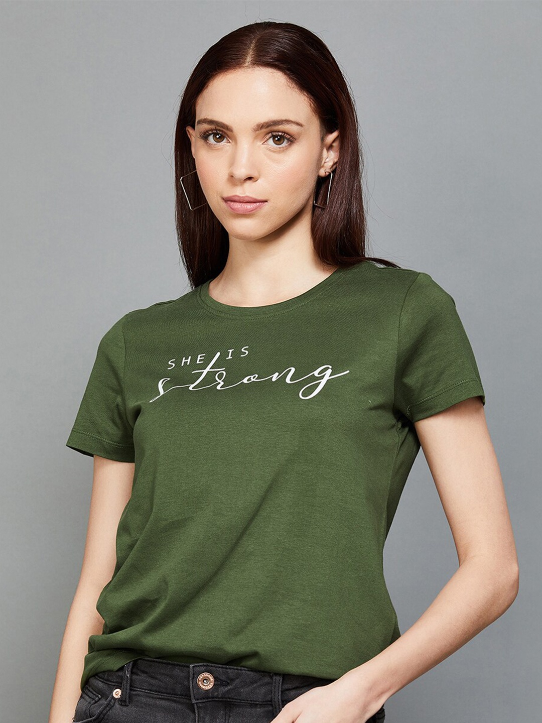 

Fame Forever by Lifestyle Typography Printed Pure Cotton T-shirt, Olive