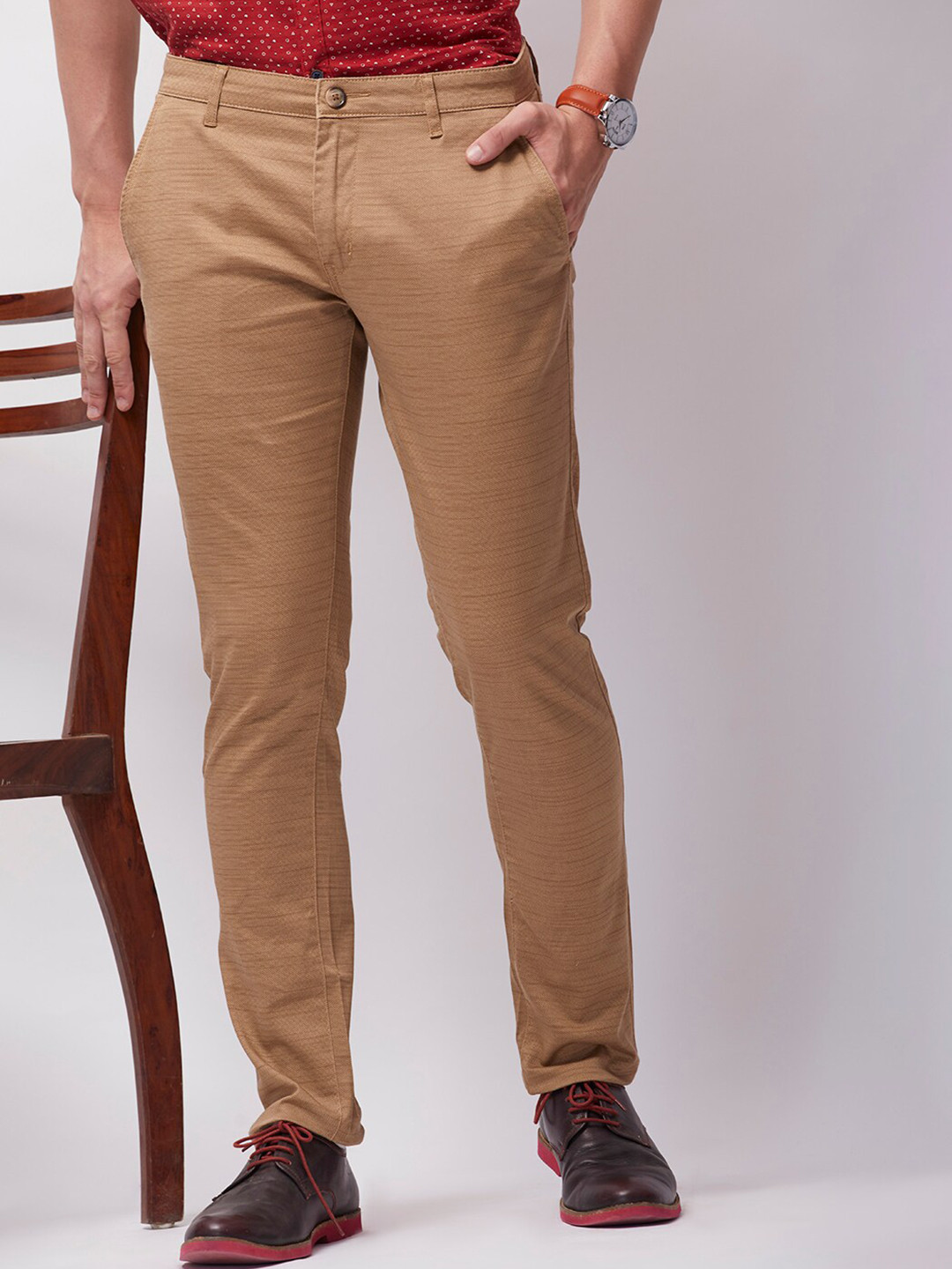 

MOZZO Men Slim Fit Mid Rise Cotton Regular Trousers, Khaki