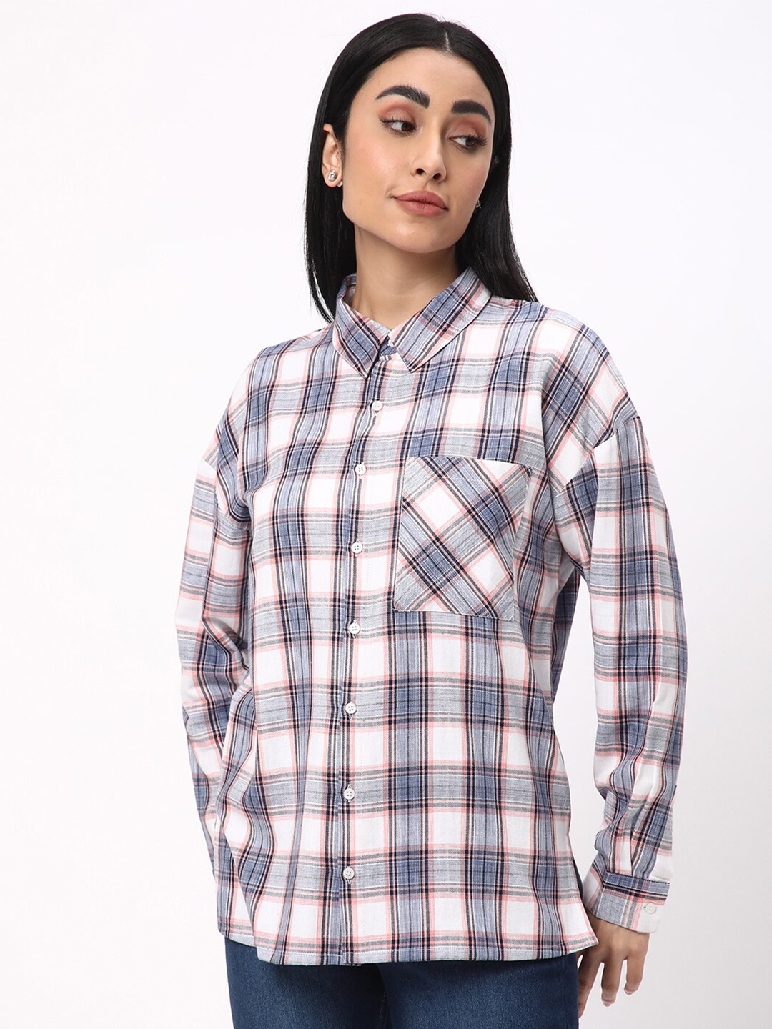 

R&B Checked Spread Collar Cotton Casual Shirt, White