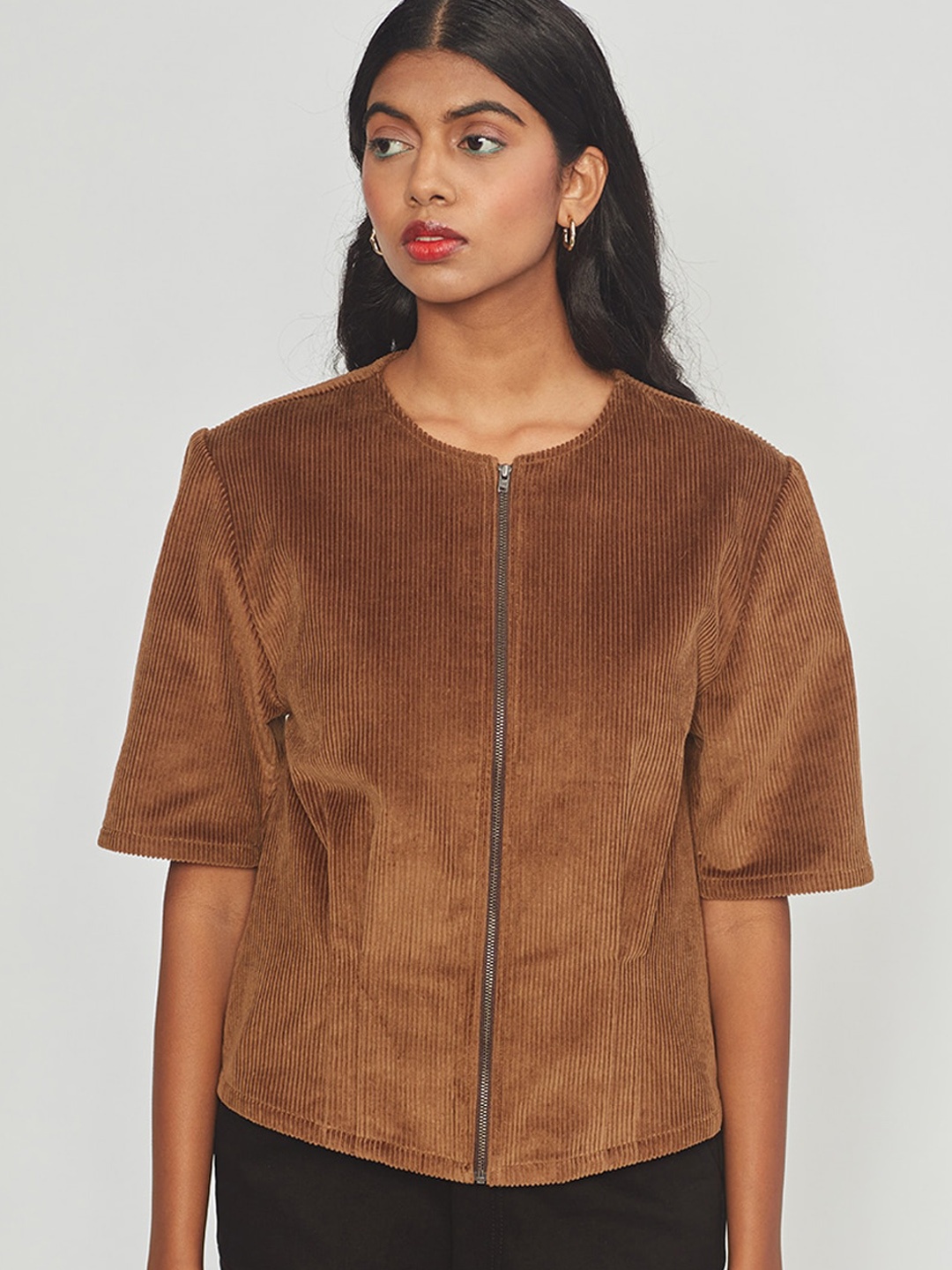 

Bhaane Striped Cotton Open Front Jacket with Embroidered, Brown