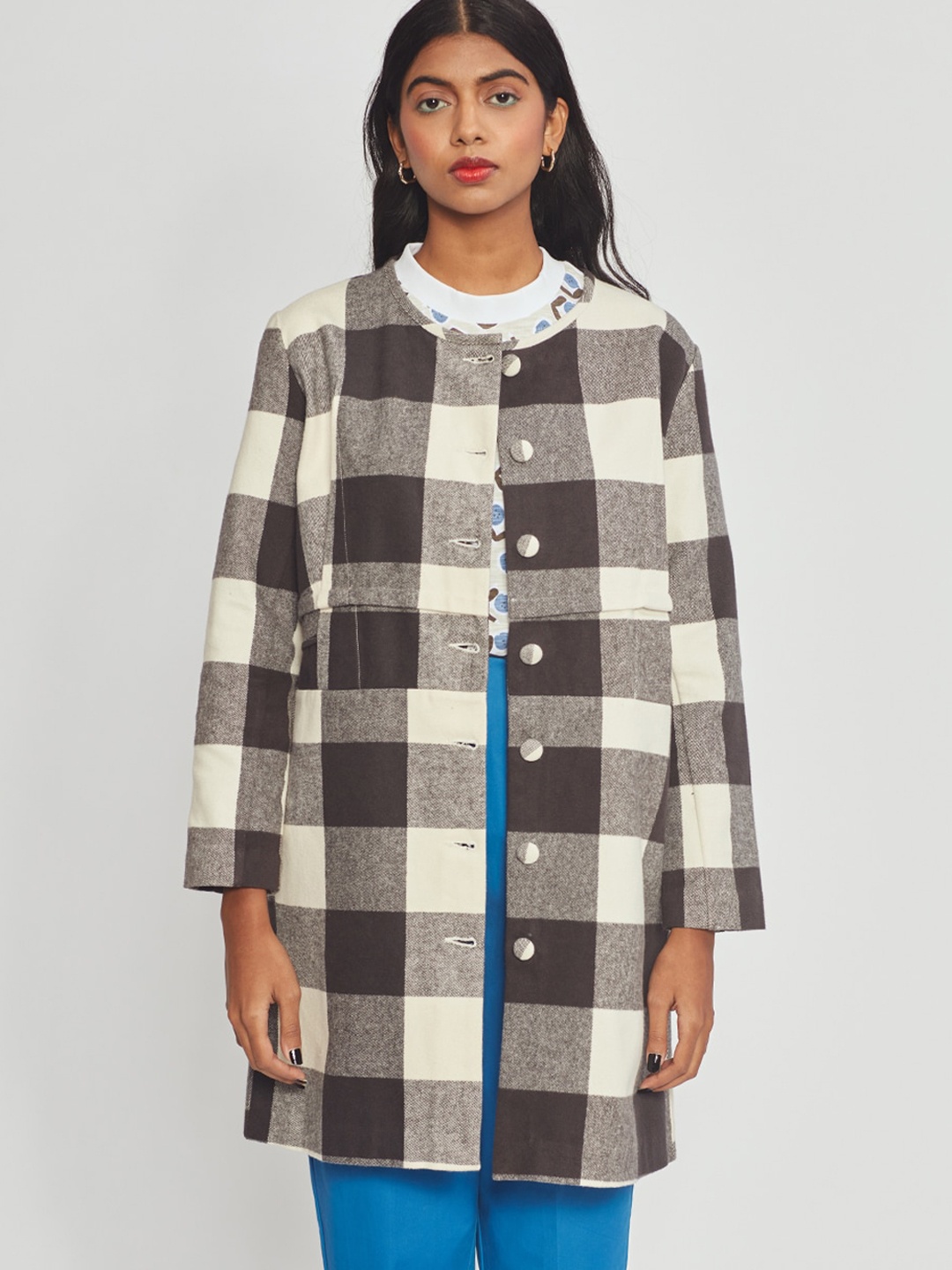 

Bhaane Checked Collarless Cotton Longline Tailored Jacket, Multi