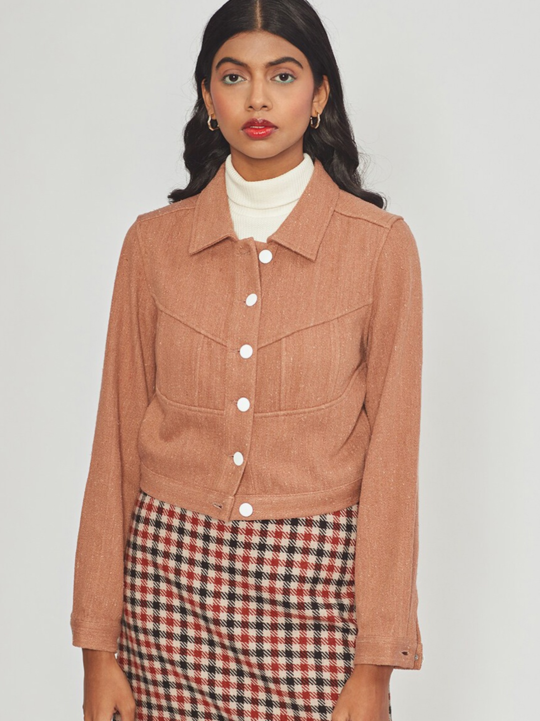 

Bhaane Striped Cotton Regular Open Front Jacket, Peach