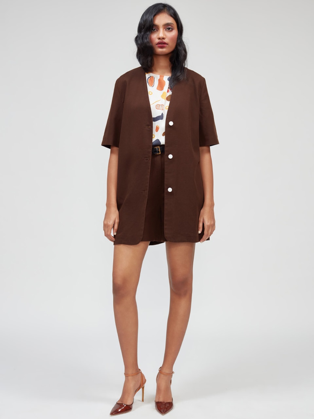 

Bhaane Striped Cotton Longline Tailored Jacket with Embroidered, Coffee brown